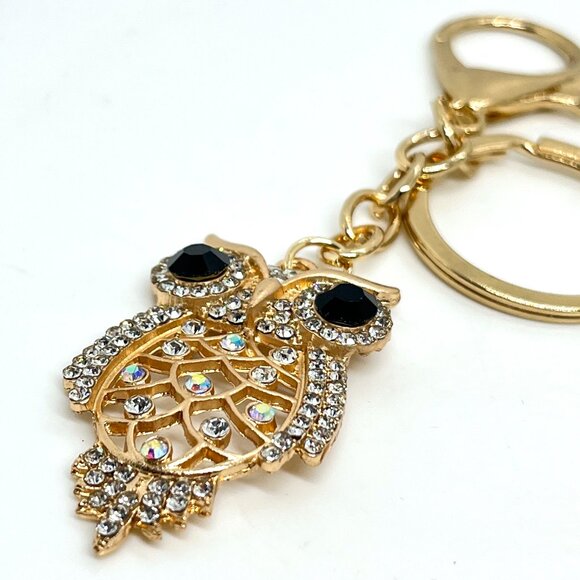 3/$30 GOLD OWL KEYCHAIN RHINESTONE CRYSTAL BLACK EYES BAG CHARM GIFT BLING NWT - Picture 9 of 11
